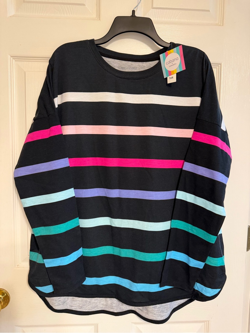 crown & ivy Black Long Sleeve Tee with Pink, Purple, Teal and Aqua Stripes